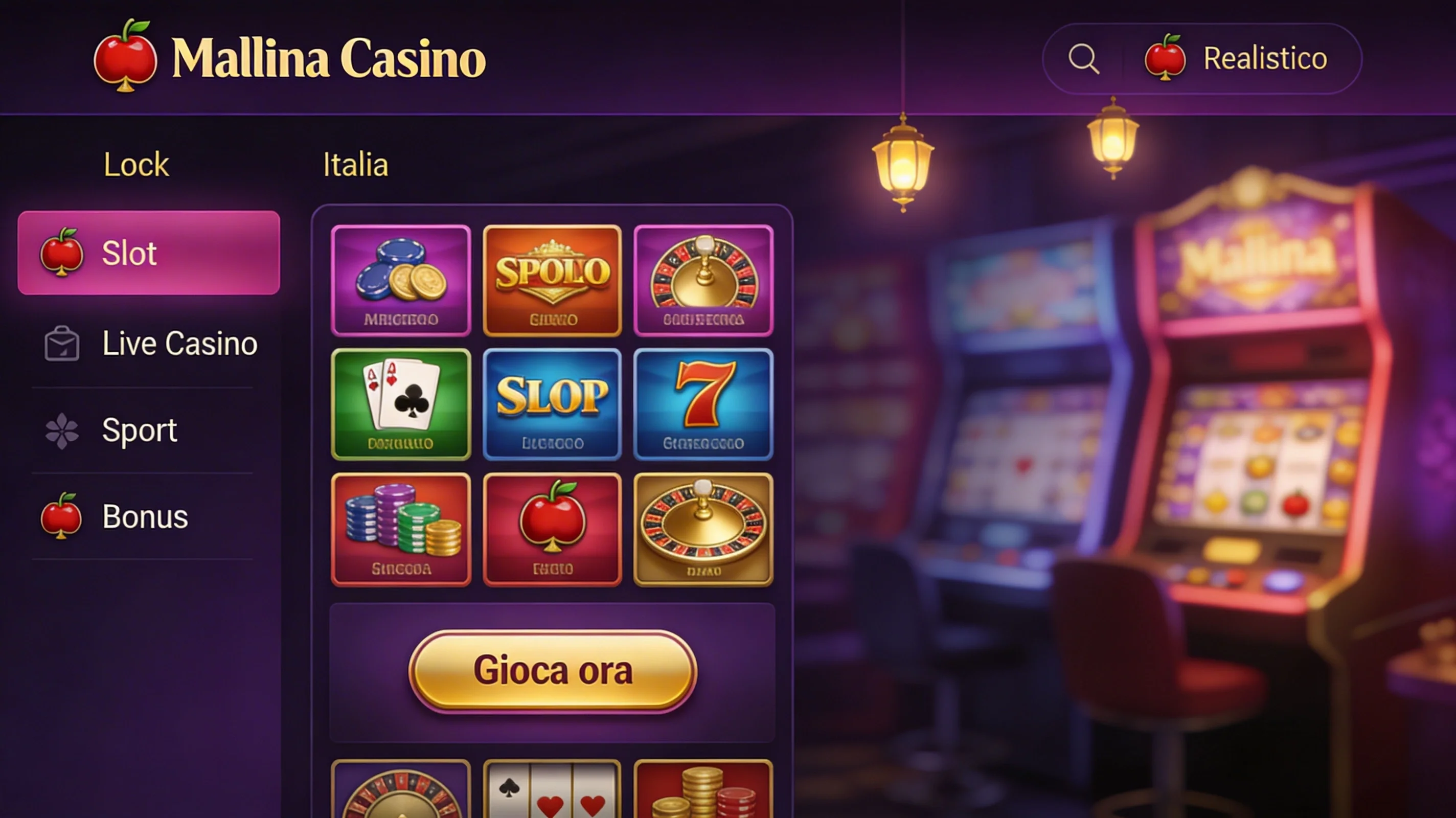 Interfaccia del casinò online Malina con giochi slot